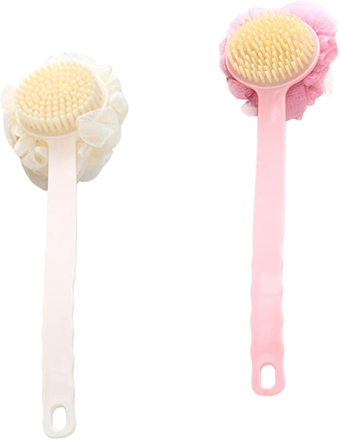 Cabilock 2Pcs Long Handle Back Scrubber Bath Brush Pink and Beige for Adult Exfoliation and Skin Care - Image 1